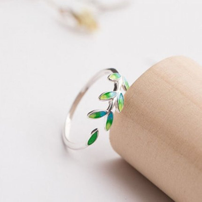 Silver Adjustable Ring with Green Enamel Leaf Design