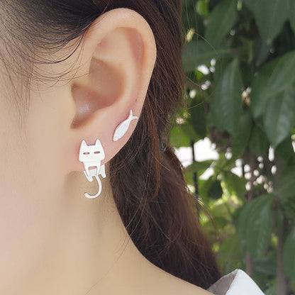 Silver Kitty Climbing Earrings