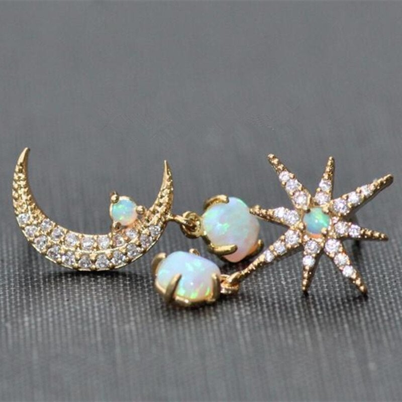 Gold and Opal Moon & Star Earrings
