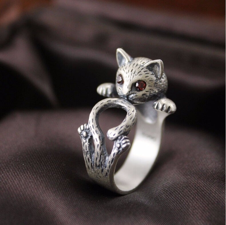 Hand-Painted Adjustable Cat Ring in 925 Sterling Silver