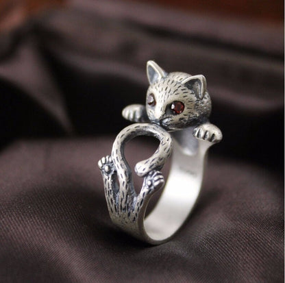 Hand-Painted Adjustable Cat Ring in 925 Sterling Silver