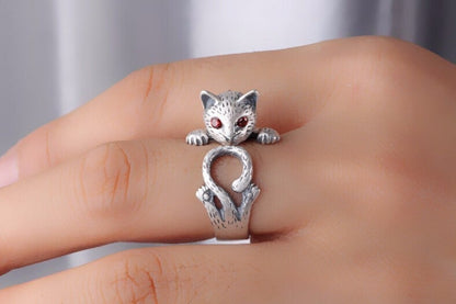 Hand-Painted Adjustable Cat Ring in 925 Sterling Silver