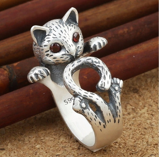 Hand-Painted Adjustable Cat Ring in 925 Sterling Silver