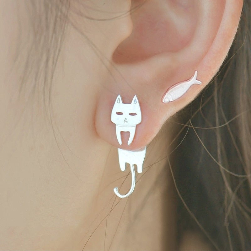 Silver Cat Climber Earrings