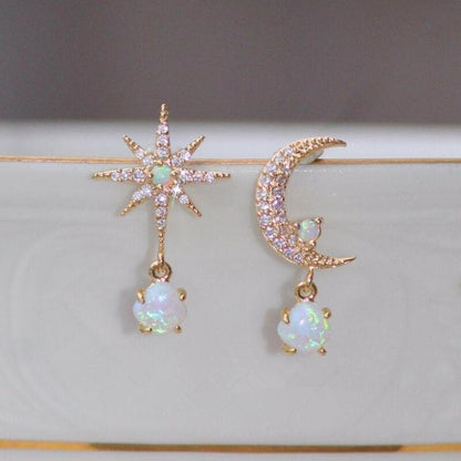 Gold and Opal Moon & Star Earrings