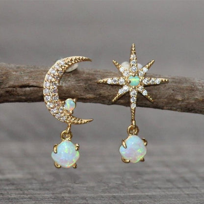 Gold and Opal Moon & Star Earrings