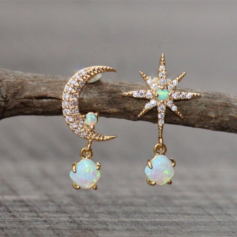 Gold and Opal Moon & Star Earrings
