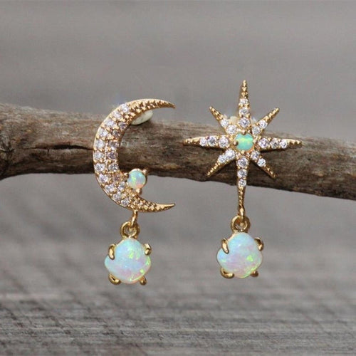 Gold and Opal Moon & Star Earrings
