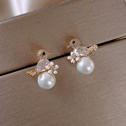Elegant Birdie Earrings with Cubic Zirconia and Pearl Accents