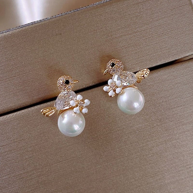 Elegant Birdie Earrings with Cubic Zirconia and Pearl Inlay