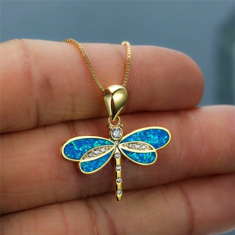 Gold Dragonfly Necklace Featuring Opal