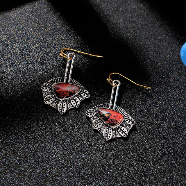 Silver Irregular Earrings with Red Stone Accents