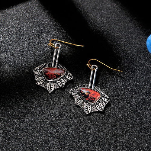 Silver Irregular Earrings with Red Stone Accents