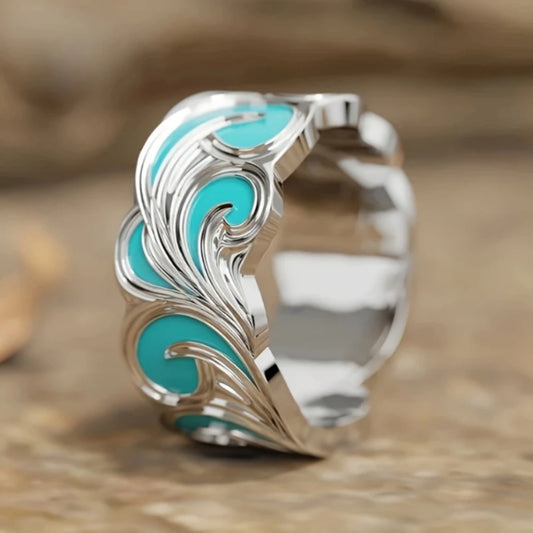 Silver Wave Ring with Blue Enamel