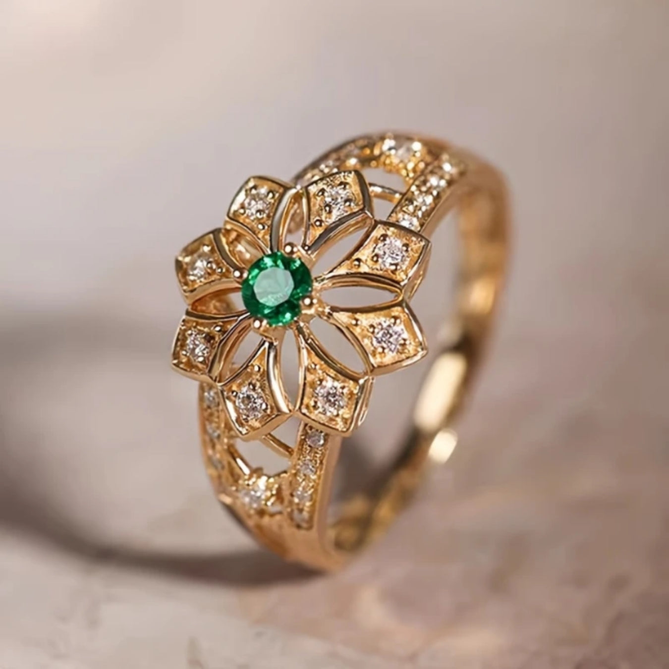Gold Hollow Ring with Green Floral Design