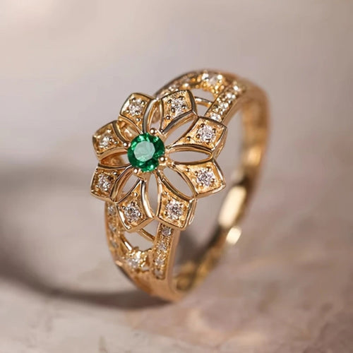 Gold Hollow Ring with Green Floral Design