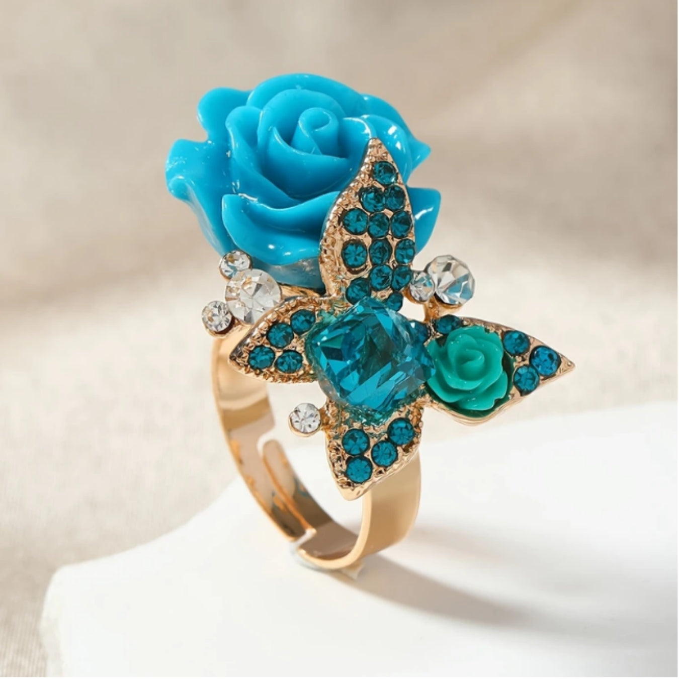 Radiant Blue Butterfly Floral Gold Ring