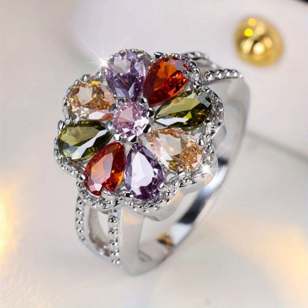 Vibrant Sparkling Daisy Silver Ring