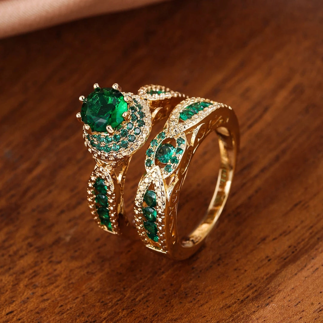 Golden Ring Set with Green Zirconia Accents