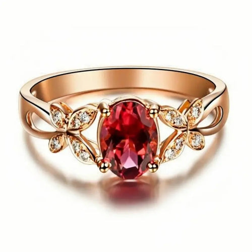 Gold Butterfly Ring with Red Oval Zirconia