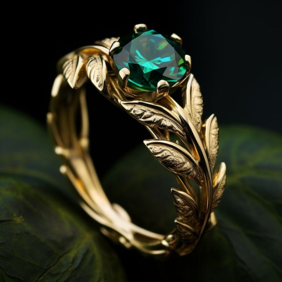 Gold Leaf Ring with Green Crystal Accent