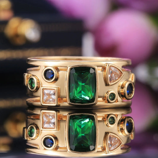 Colorful Crystal Ring with Elegant Gold Inlay