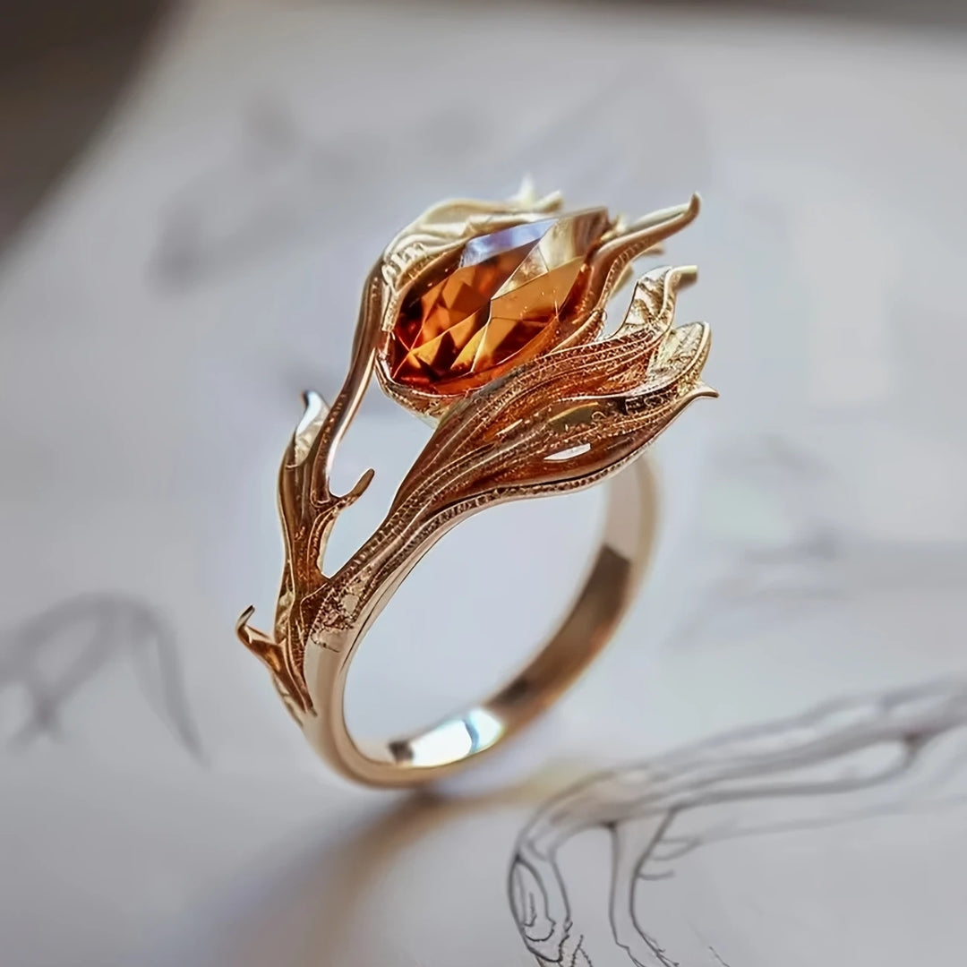 Radiant Orange Crystal Ring with Golden Accents