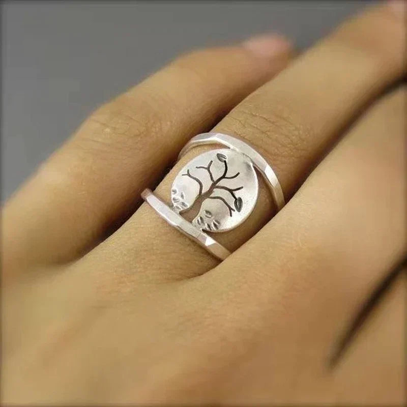 Adjustable Silver Ring with Tree of Life Design