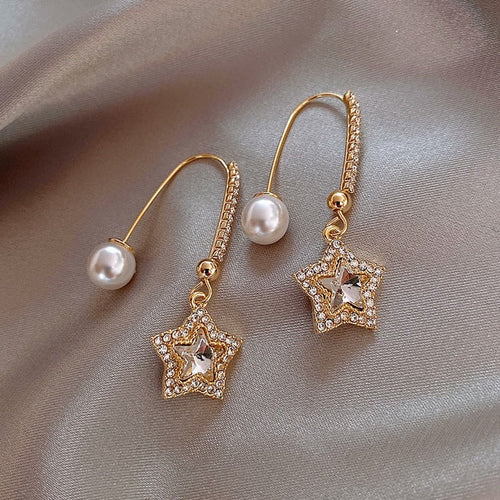 Gold Earrings with Crystal Star and Pearl Accents