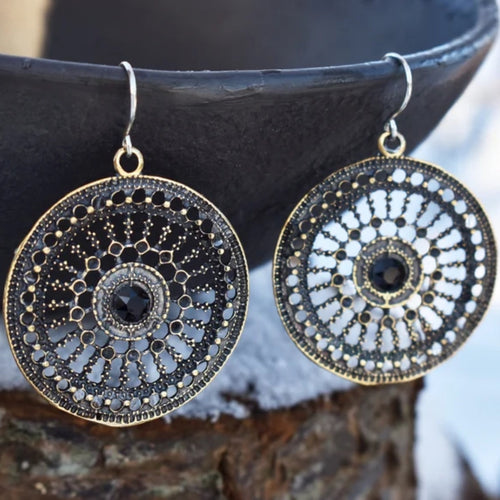 Retro Round Mandala Blue Zirconia Earrings