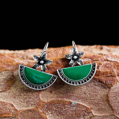 Retro Green and Silver Floral Earrings