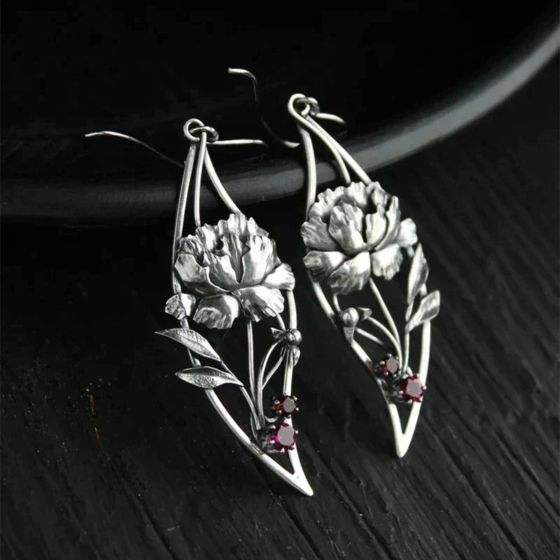 Sterling Silver Boho Floral Earrings Adorned with Crystals
