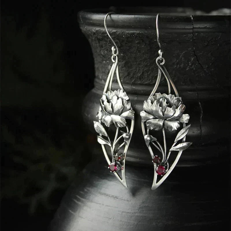 Sterling Silver Boho Floral Earrings Adorned with Crystals