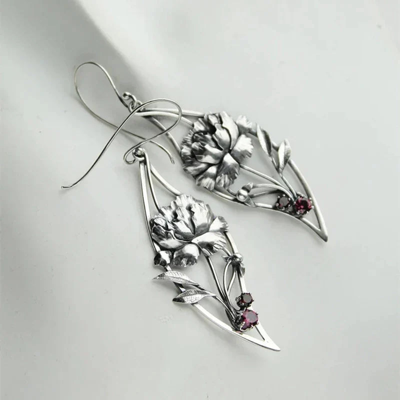 Sterling Silver Boho Floral Earrings Adorned with Crystals