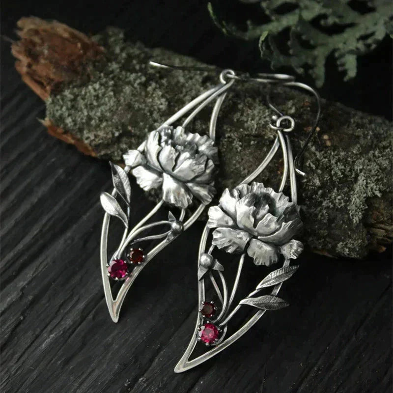 Sterling Silver Boho Floral Earrings Adorned with Crystals