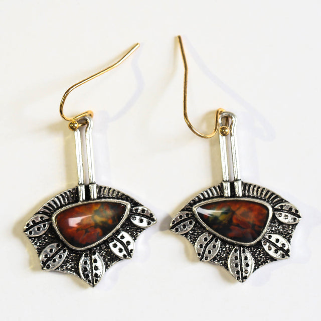 Silver Irregular Earrings with Red Stone Accents