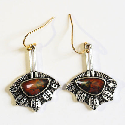 Silver Irregular Earrings with Red Stone Accents