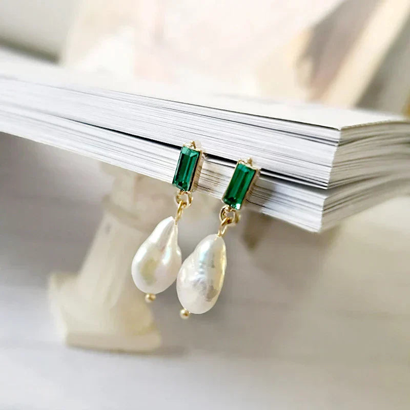 Elegant Gold Earrings Adorned with Pearls and Green Zirconia