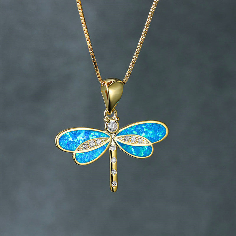 Gold Dragonfly Necklace Featuring Opal