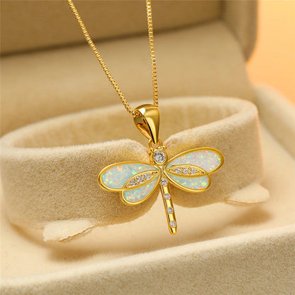 Gold Dragonfly Necklace Featuring Opal