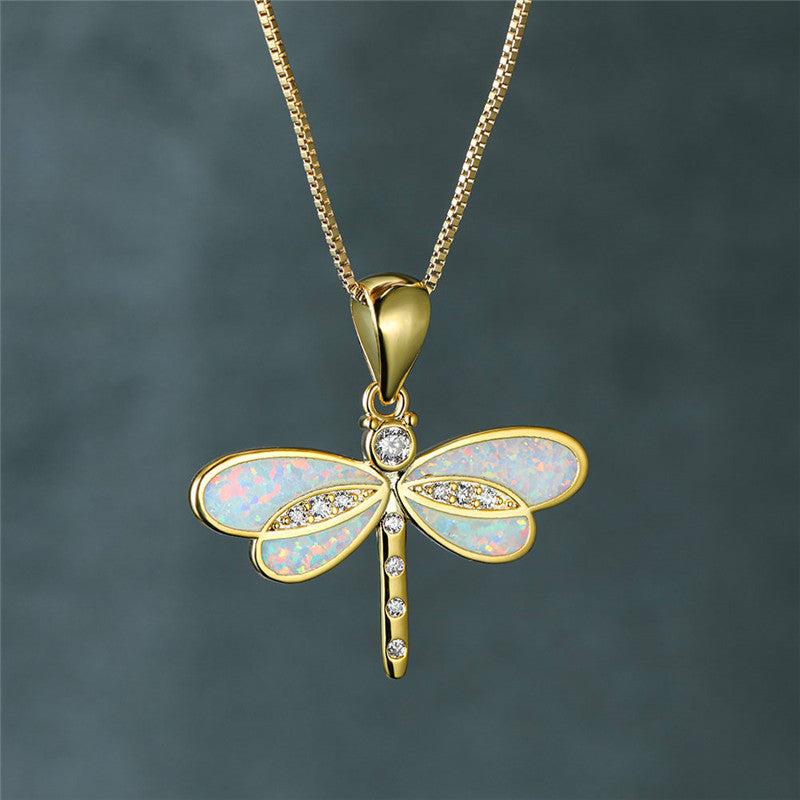 Gold Dragonfly Necklace Featuring Opal
