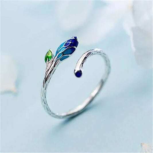 Silver Adjustable Leaf Ring with Blue Enamel