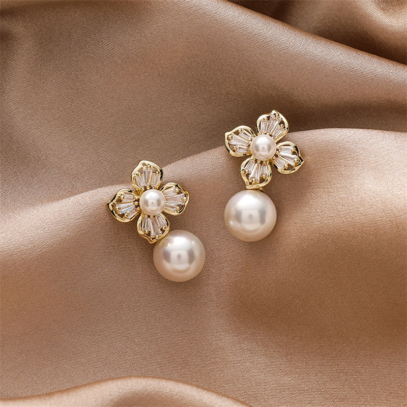 Pearl Earrings with Crystal Flower Design