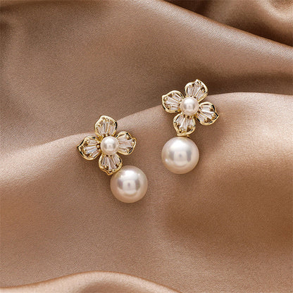 Pearl Earrings with Crystal Flower Design