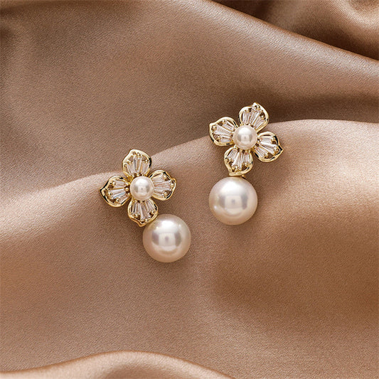 Pearl Earrings with Crystal Flower Design