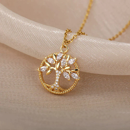 Gold Tree of Life Necklace Featuring Zirconia