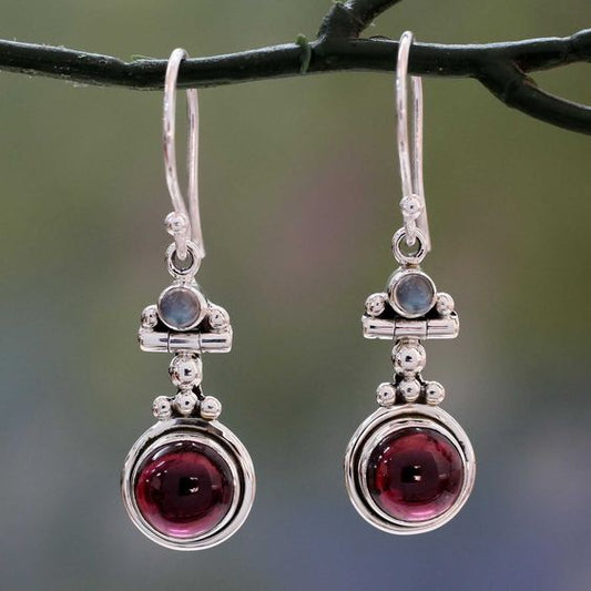 Retro Silver Earrings with Dangling Garnet Crystals