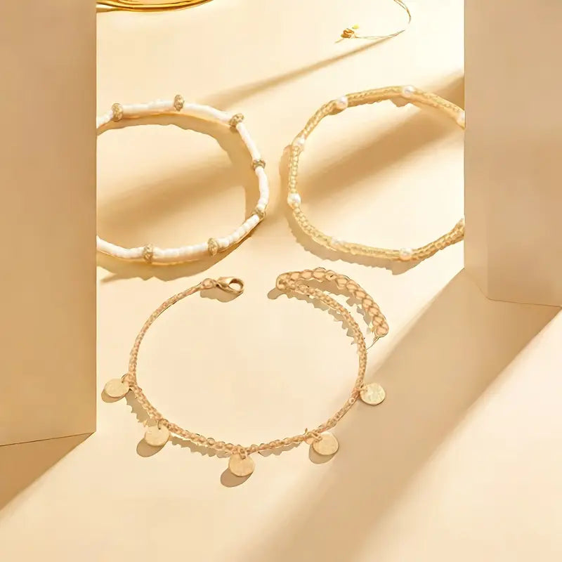 Gold 3-Piece Layered Anklet Set - 'Coastal Magic'