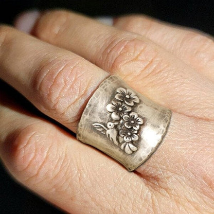 Wide Band Ring with Bird and Floral Design