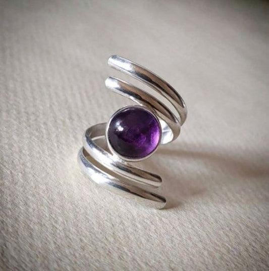 Retro Purple Crystal Spiral Silver Ring